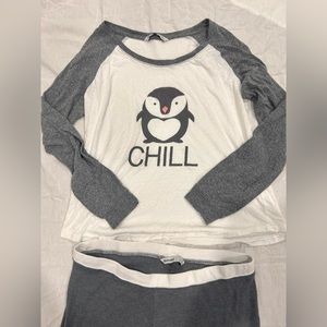 Women's Gray and White Penguin Pajama Set
